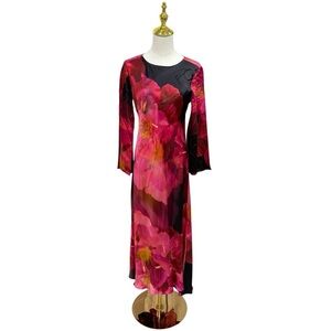 Johnny Was Small Flared Sleeve Bias Cut Silk Floral Midi Dress NWT $445 Ruby